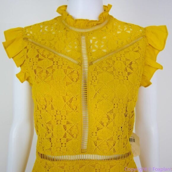 NEW Altar'd State mustard yellow lace dress with ruffle neck , L - Picture 3 of 14